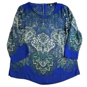 Rose & Olive  Women's Blue Multicolor Paisley Blouse Tunic Zipper Size Large EUC